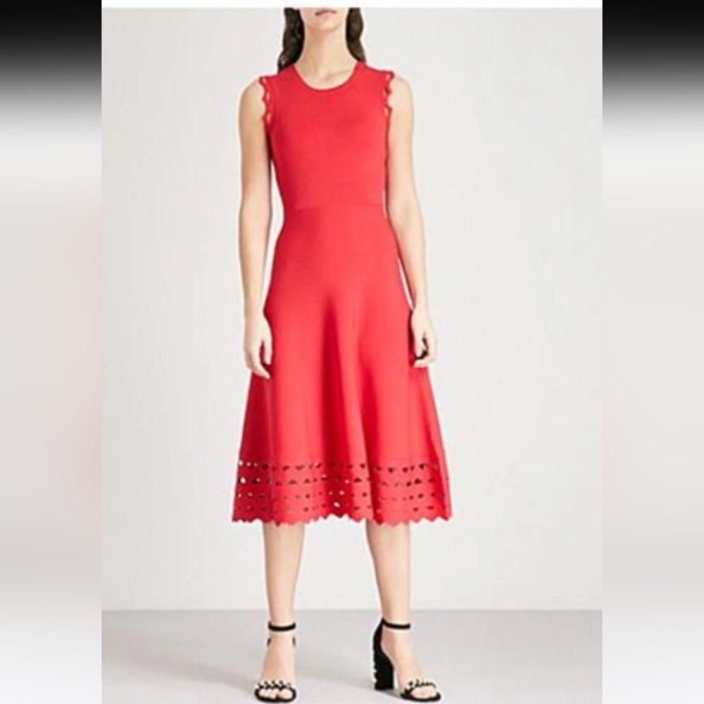 Maje Rumba fit and flare midi dress, red with lacy cutouts, size 1 US S